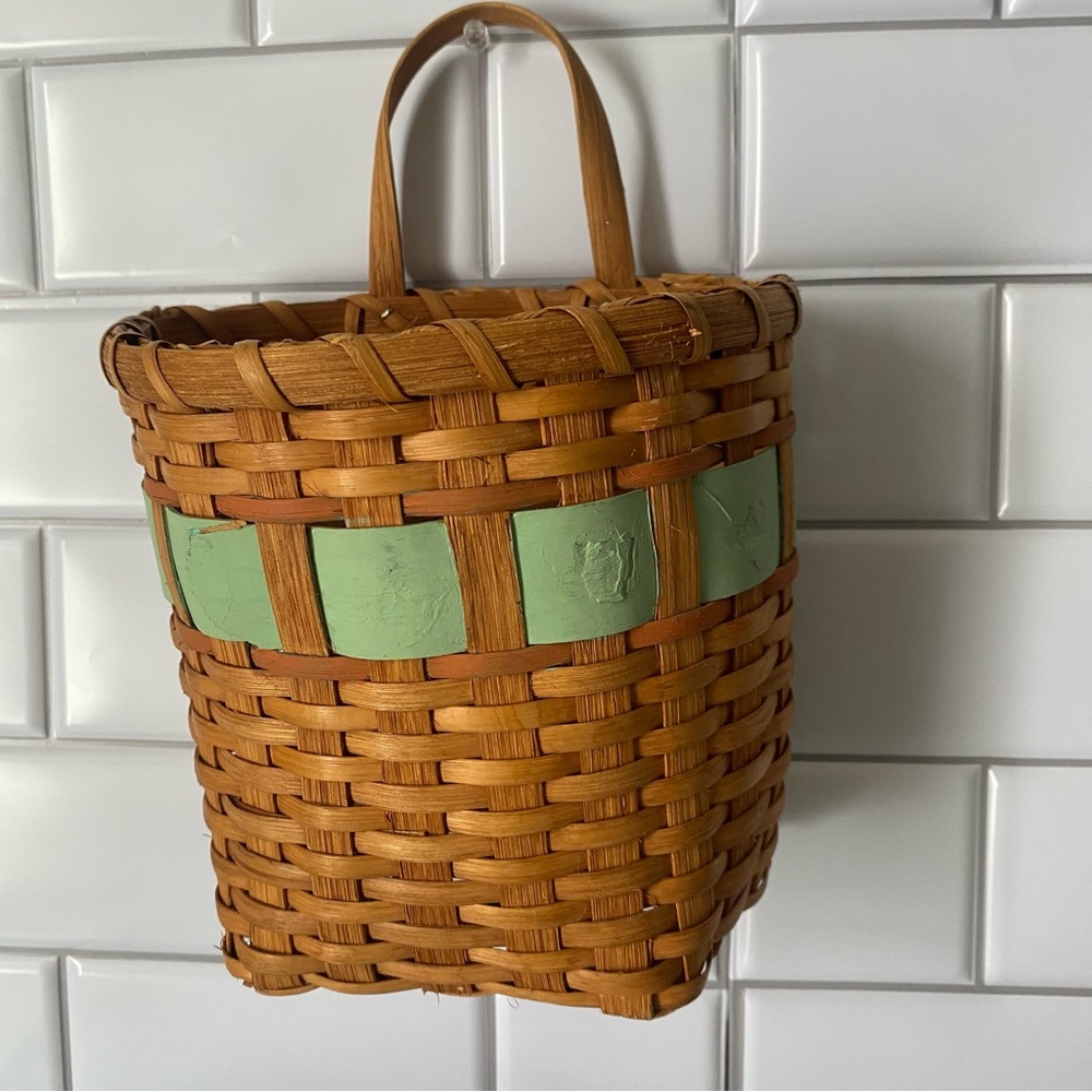 Vintage Woven Wood Basket with Handle | Rustic Farmhouse Storage Basket